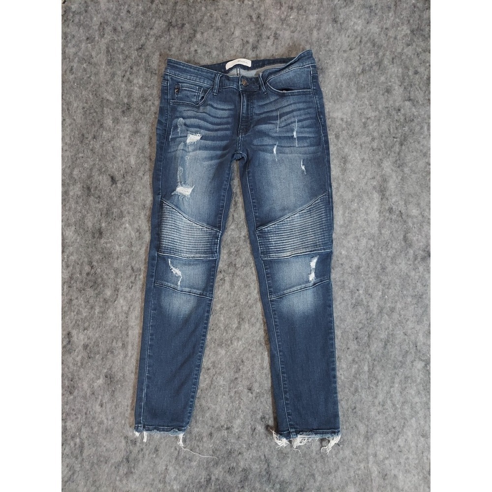 Kancan Jeans Womens 9/28 Blue Moto Raw Hem Distressed Skater Ankle Whiskered